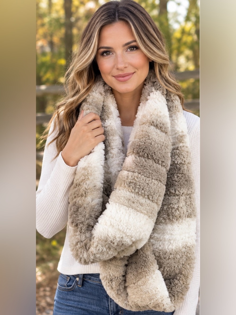 Modena Faux Fur Infinity Scarf Color Block Beige & White